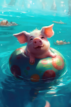 Cute little piglet floating in the ocean on an inflatable circle on a sunny day. Generative AIの素材