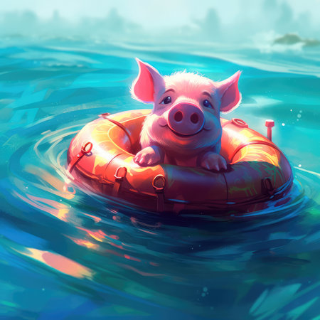 Cute little piglet floating in the ocean on an inflatable circle on a sunny day. Generative AIの素材