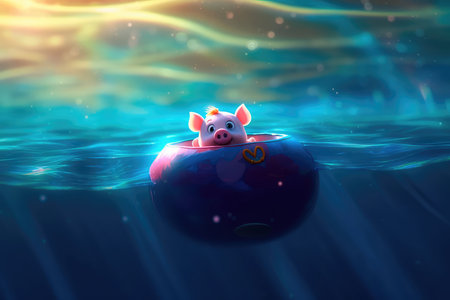 Cute little piglet floating in the ocean on an inflatable circle on a sunny day. Generative AIの素材