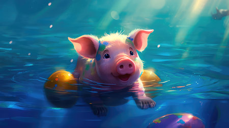 Cute little piglet floating in the ocean on an inflatable circle on a sunny day. Generative AIの素材