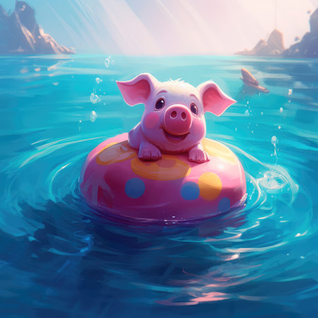 Cute little piglet floating in the ocean on an inflatable circle on a sunny day. Generative AIの素材