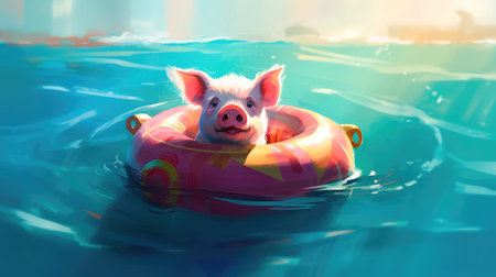 Cute little piglet floating in the ocean on an inflatable circle on a sunny day. Generative AIの素材