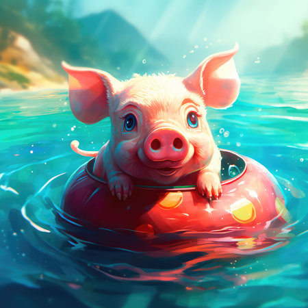 Cute little piglet floating in the ocean on an inflatable circle on a sunny day. Generative AIの素材