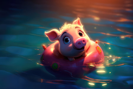 Cute little piglet floating in the ocean on an inflatable circle on a sunny day. Generative AIの素材