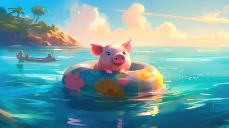 Cute little piglet floating in the ocean on an inflatable circle on a sunny day. Generative AIの素材