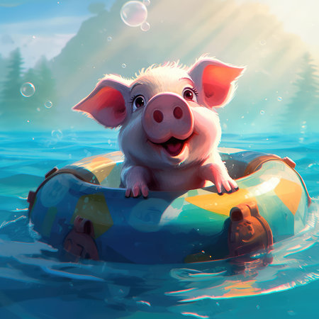 Cute little piglet floating in the ocean on an inflatable circle on a sunny day. Generative AIの素材