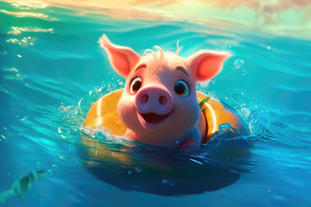 Cute little piglet floating in the ocean on an inflatable circle on a sunny day. Generative AIの素材
