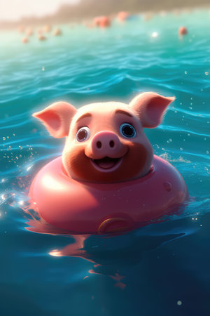 Cute little piglet floating in the ocean on an inflatable circle on a sunny day. Generative AIの素材