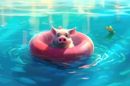 Cute little piglet floating in the ocean on an inflatable circle on a sunny day. Generative AIの素材