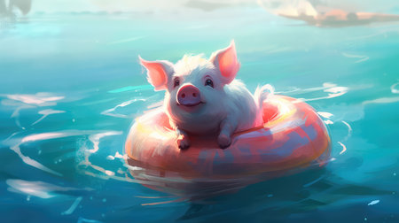 Cute little piglet floating in the ocean on an inflatable circle on a sunny day. Generative AIの素材