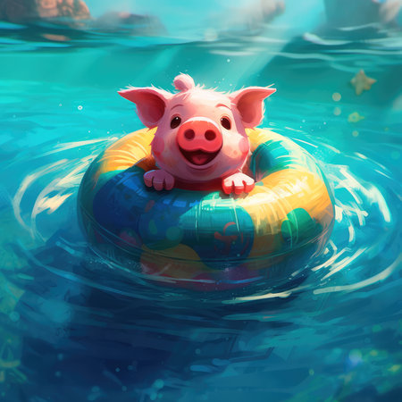 Cute little piglet floating in the ocean on an inflatable circle on a sunny day. Generative AIの素材