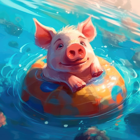 Cute little piglet floating in the ocean on an inflatable circle on a sunny day. Generative AIの素材
