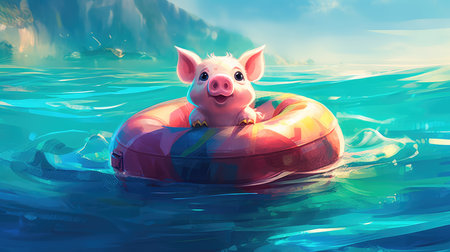 Cute little piglet floating in the ocean on an inflatable circle on a sunny day. Generative AIの素材