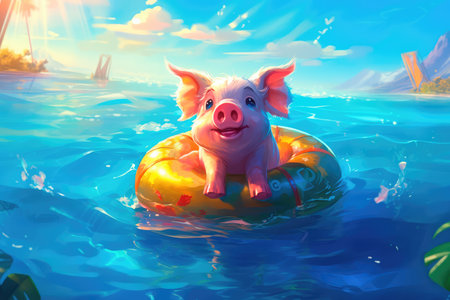 Cute little piglet floating in the ocean on an inflatable circle on a sunny day. Generative AIの素材