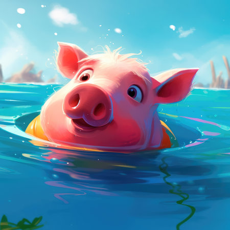 Cute little piglet floating in the ocean on an inflatable circle on a sunny day. Generative AIの素材