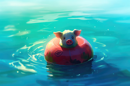 Cute little piglet floating in the ocean on an inflatable circle on a sunny day. Generative AIの素材