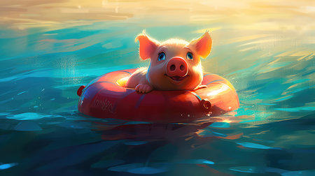 Cute little piglet floating in the ocean on an inflatable circle on a sunny day. Generative AIの素材