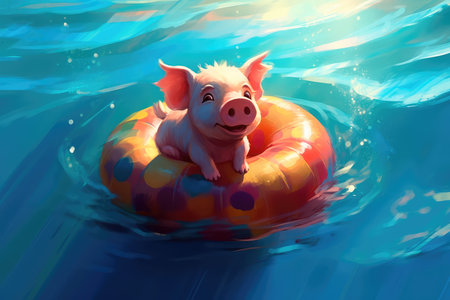 Cute little piglet floating in the ocean on an inflatable circle on a sunny day. Generative AIの素材