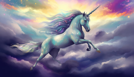 Artistic illustration of a unicorn flying through clouds and stars. Generative AIの素材