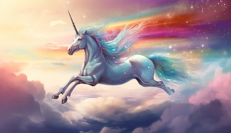 Artistic illustration of a unicorn flying through clouds and stars. Generative AIの素材