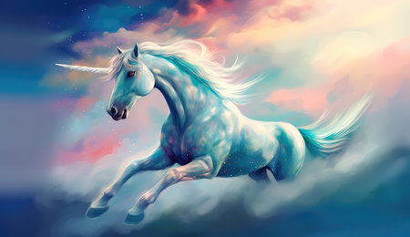 Artistic illustration of a unicorn flying through clouds and stars. Generative AIの素材