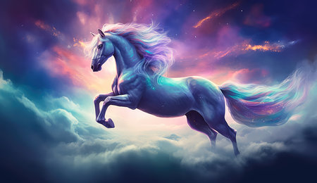 Artistic illustration of a unicorn flying through clouds and stars. Generative AIの素材