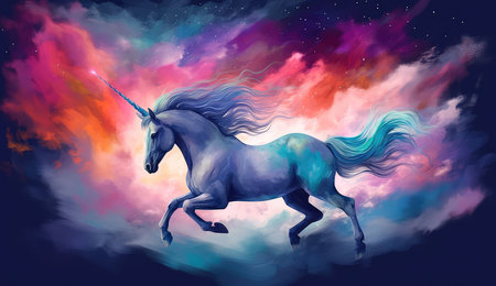 Artistic illustration of a unicorn flying through clouds and stars. Generative AIの素材