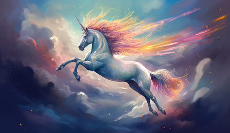 Artistic illustration of a unicorn flying through clouds and stars. Generative AIの素材