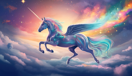 Artistic illustration of a unicorn flying through clouds and stars. Generative AIの素材