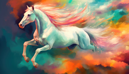 Artistic illustration of a unicorn flying through clouds and stars. Generative AIの素材
