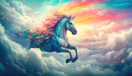 Artistic illustration of a unicorn flying through clouds and stars. Generative AIの素材