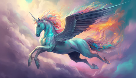 Artistic illustration of a unicorn flying through clouds and stars. Generative AIの素材