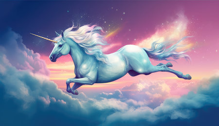 Artistic illustration of a unicorn flying through clouds and stars. Generative AIの素材