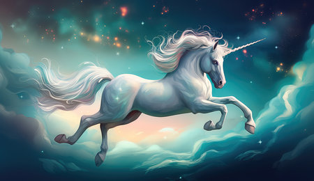 Artistic illustration of a unicorn flying through clouds and stars. Generative AIの素材
