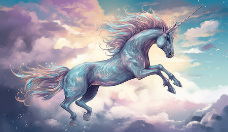 Artistic illustration of a unicorn flying through clouds and stars. Generative AIの素材