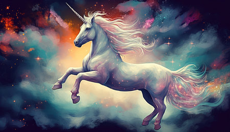 Artistic illustration of a unicorn flying through clouds and stars. Generative AIの素材