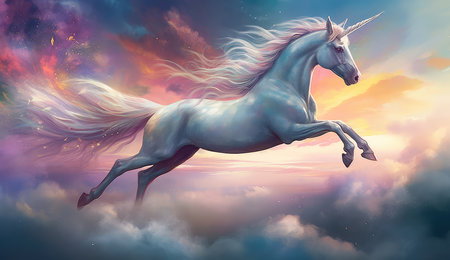 Artistic illustration of a unicorn flying through clouds and stars. Generative AIの素材