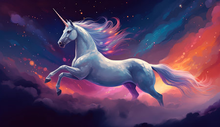 Artistic illustration of a unicorn flying through clouds and stars. Generative AIの素材
