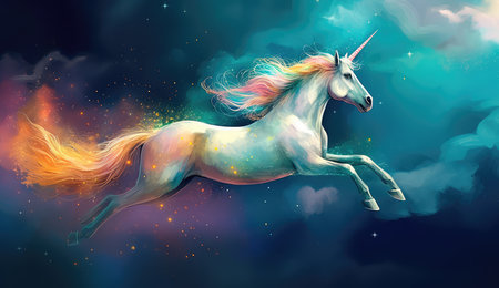 Artistic illustration of a unicorn flying through clouds and stars. Generative AIの素材