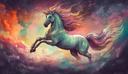 Artistic illustration of a unicorn flying through clouds and stars. Generative AIの素材