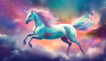 Artistic illustration of a unicorn flying through clouds and stars. Generative AIの素材