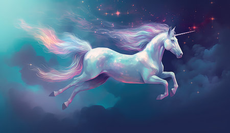 Artistic illustration of a unicorn flying through clouds and stars. Generative AIの素材