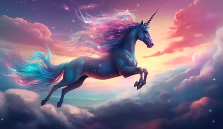 Artistic illustration of a unicorn flying through clouds and stars. Generative AIの素材