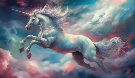 Artistic illustration of a unicorn flying through clouds and stars. Generative AIの素材