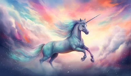 Artistic illustration of a unicorn flying through clouds and stars. Generative AIの素材