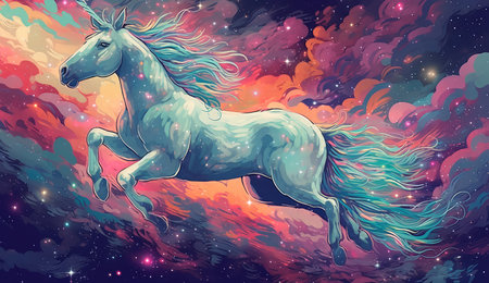 Artistic illustration of a unicorn flying through clouds and stars. Generative AIの素材
