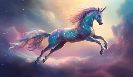 Artistic illustration of a unicorn flying through clouds and stars. Generative AIの素材