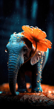 Tiny baby elephant, on a bright orange flower with dew drops reflecting on the petals, a sweet, beautiful scene. Generative AIの素材