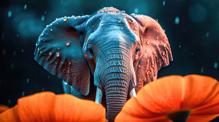 Tiny baby elephant, on a bright orange flower with dew drops reflecting on the petals, a sweet, beautiful scene. Generative AIの素材