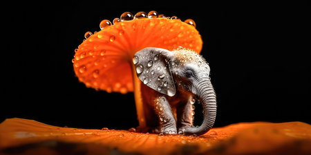 Tiny baby elephant, on a bright orange flower with dew drops reflecting on the petals, a sweet, beautiful scene. Generative AIの素材